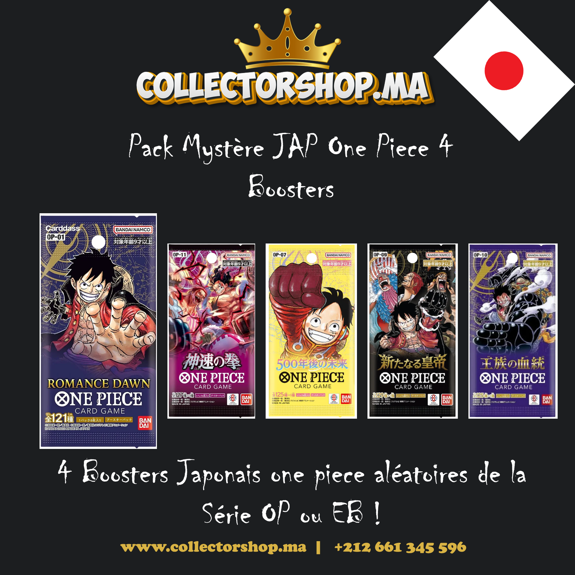 Pack Booster Mystère One Piece – OP & EB (JAP) | 4 Boosters Aléatoires | Collectorshop Maroc